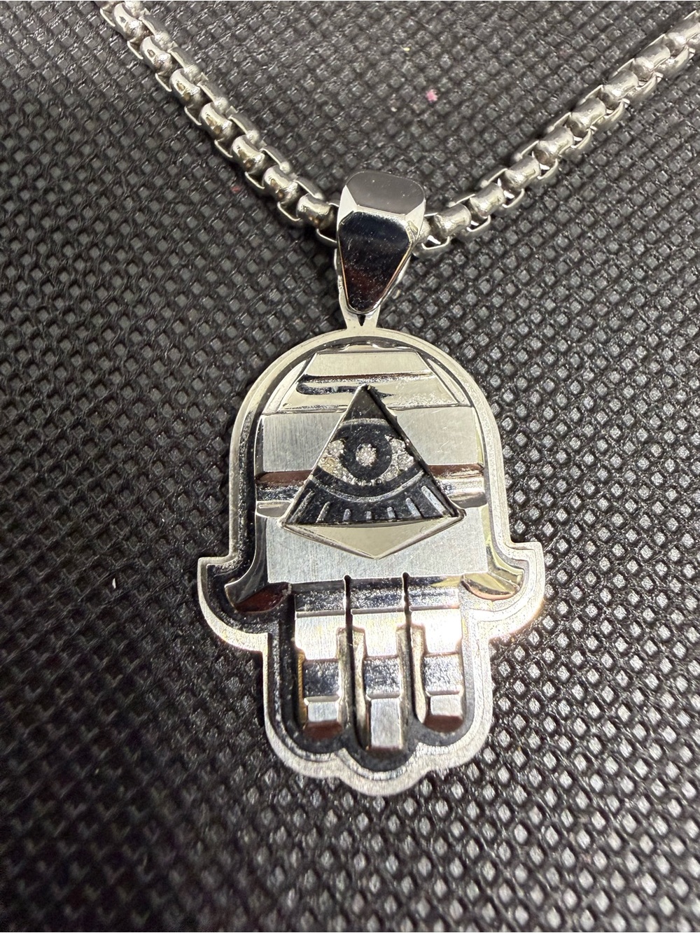 Polished Stainless Hamsa Hand Pendant All-Seeing Eye accented with diamonds